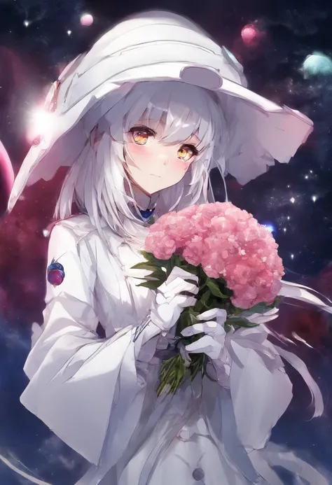 Masterpiece, Best quality, 1girll, Solo, Long_Hair, Looking_at_peeping at the viewer, White hair, Red eyes, Smile, bangs, Skirt, shirt, Long_Sleeves, Hat, dress, bow, Holding, Closed_Mouth, flower, frilld, Hair_flower, petals, Bouquet, Holding_flower, Cent...