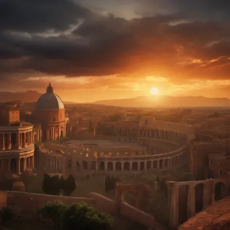 A menacing hurricane engulfs the ancient Roman city. coucher de soleil. Rome historique. 1st century. Praetorians at a distance. Guerrier Spartacus, (((Colosseum)), cartoon, gladiateur, Donnez-lui un ton sombre,