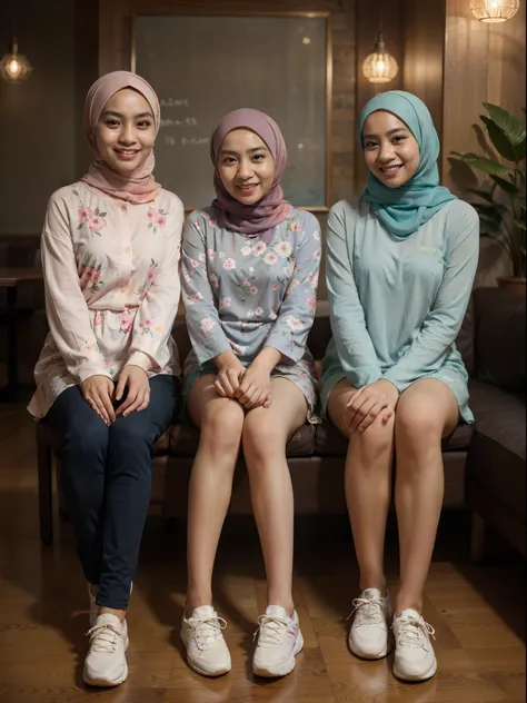 3 Malay girl with hijab seating in hipster cafe, happy, chatting, laughing, smiling, nighttime, wearing pastel color floral baju kurung and sneakers, soft professional lighting, blur background, cool ambient, cozy cafe, bokeh, high quality, ultra detail, d...