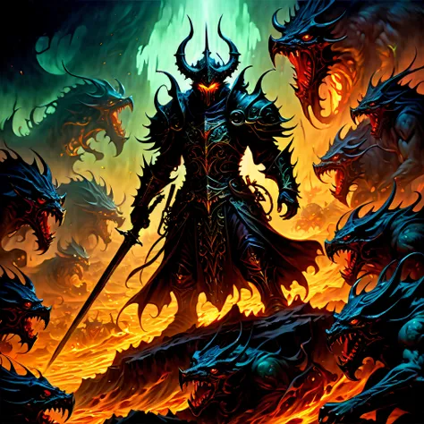 ultimate embodiment of evil aesthetics illustration, evil spirit knight, immortal coating, eyes glowing with malice, exuding an aura of fear and intimidation, surrounded by a legion of demonic creatures in the depths of hell, malevolent deity of destructio...