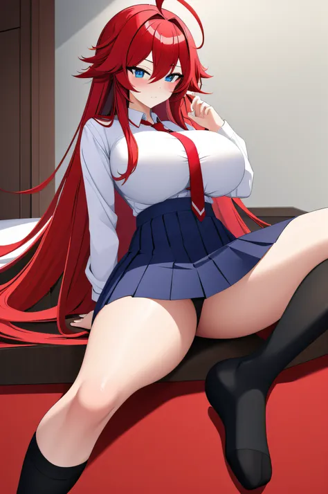 masterpiece, best quality, highres, best quality, highres, rias gremory, 1girl, long hair, school uniform, red hair, ahoge, blue eyes, large breasts, very long hair, breasts, skirt, huge ahoge, socks,