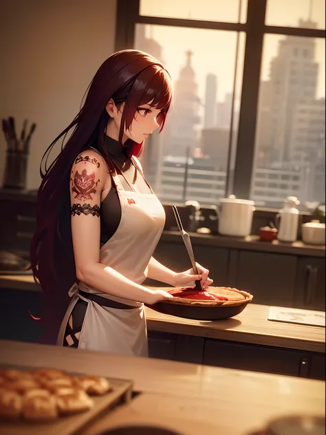 Women with tattoos, (([Red|Black] hair)), Long hair, Wearing a black apron,  Cooking, look at viewr, kitchin, Pie with cake on background,  Indoors, (Soothing tones:1.0), (nffsw:1.25), (art  stations:1.2), Dramatic, (Intricate details:1.14), (hyper realist...