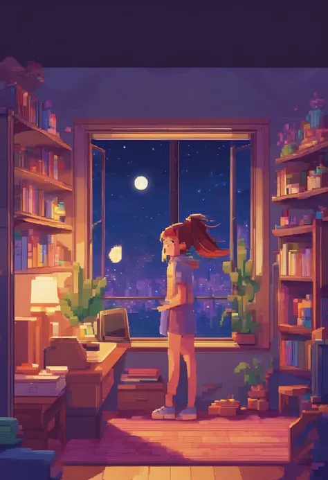 Beautiful teenager in her room in the city、Alerts earpads studding book computer in front of stars in ultra-realistic windows at night,8K,Ultra-high definition,Pixar style,High Definition,16:9