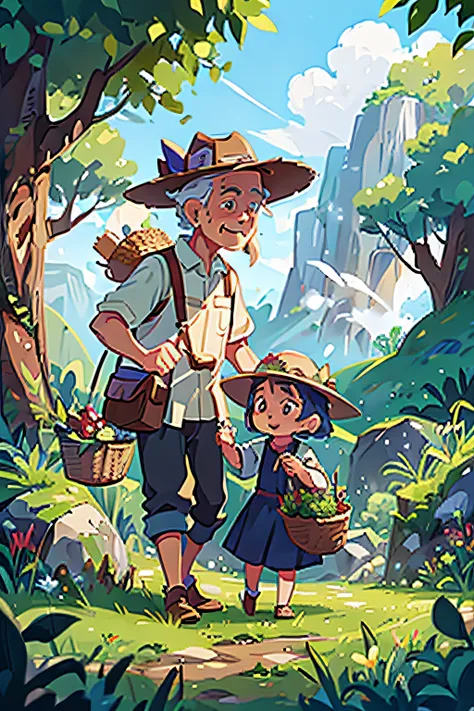 Grandpa and grandmother pick herbs at the foot of the mountain in the village，With a hat，Carry a basket on your back