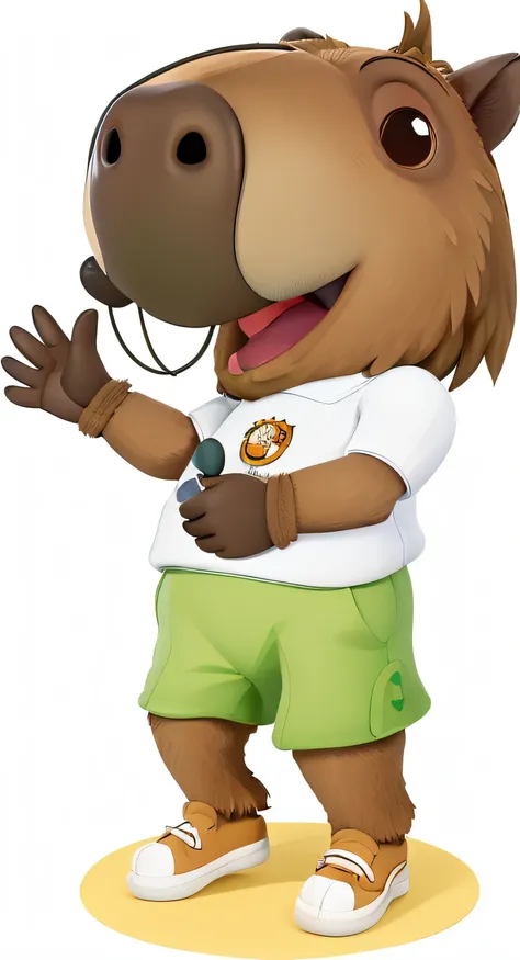 urso dos desenhos animados com uma camisa branca e shorts verdes acenando, mascote esportivo, Mascot illustration, mascote de corpo inteiro, mascote da equipe esportiva, mascote do futebol, anthropomorphic beaver, anthropomorphic otter in costume, mascote ...