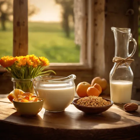 (a bowl of milk,cereal,few fruits on a breakfast table),(rustic wooden table,shimmering morning sunlight),(peaceful countryside,rolling hills,farmland),(children playing in the background),(bright and warm colors),(detailed textures),(gorgeous still life),...