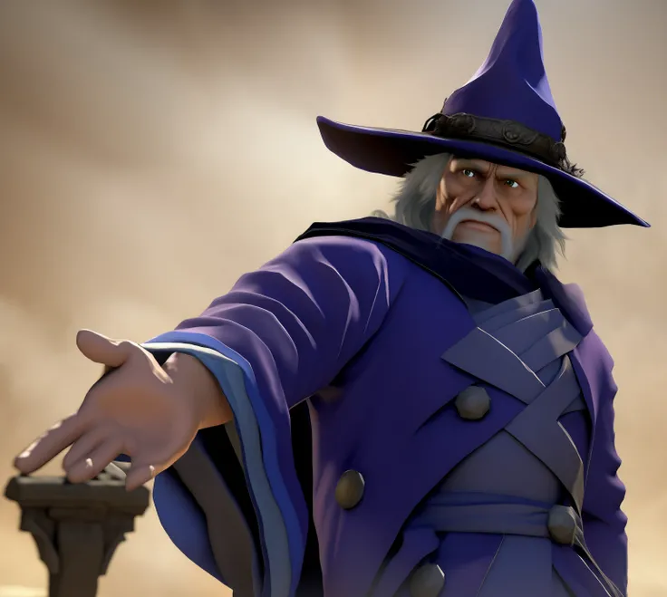 Theres a man in a blue robe and a hat with a purple cape, como personagem em tekken, t-pose do assistente, feiticeiro , feiticeiro masculino , TEKKEN 7, mago masculino, ferred - themed robes and hat, wizard hat cinematic lighting, bruxo do mal, vestido com...