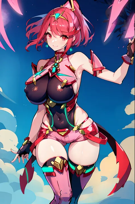 pyra (xenoblade), teen_1girl, loli, bangs, black gloves, breasts, red eyes, shout, earrings, eyelashes, fingerless gloves, floating hair, , gem, gloves, hair ornament, headpiece, jewelry, gigantic_breasts, leaning back, swimsuit, neon trim, official art, p...