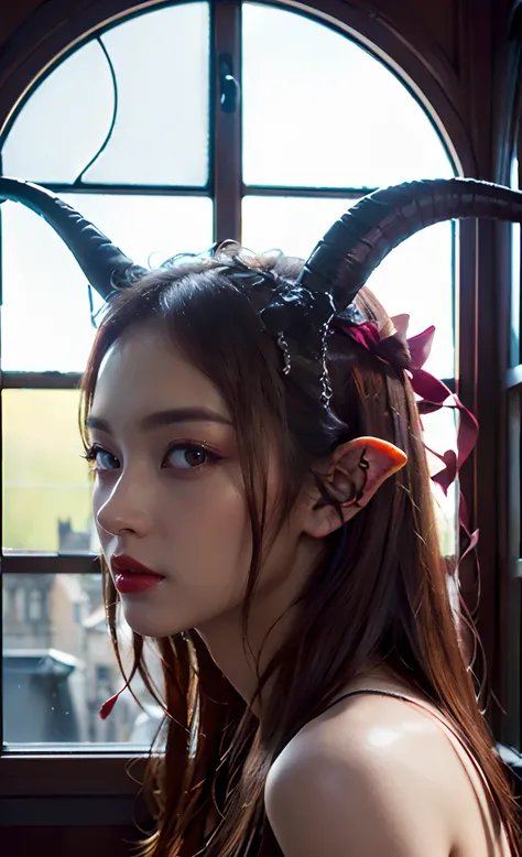 (Best Quality,Masterpiece:1.2),The ultra-detailliert,(Photo Photorealistic:1.4),Lovely_succubus, Detailed face, Fantastic face,(The two horns of a succubus:1.5), ((The two wings of a succubus:1.5)), irene, lisa, (((Background of the windows inside the Euro...