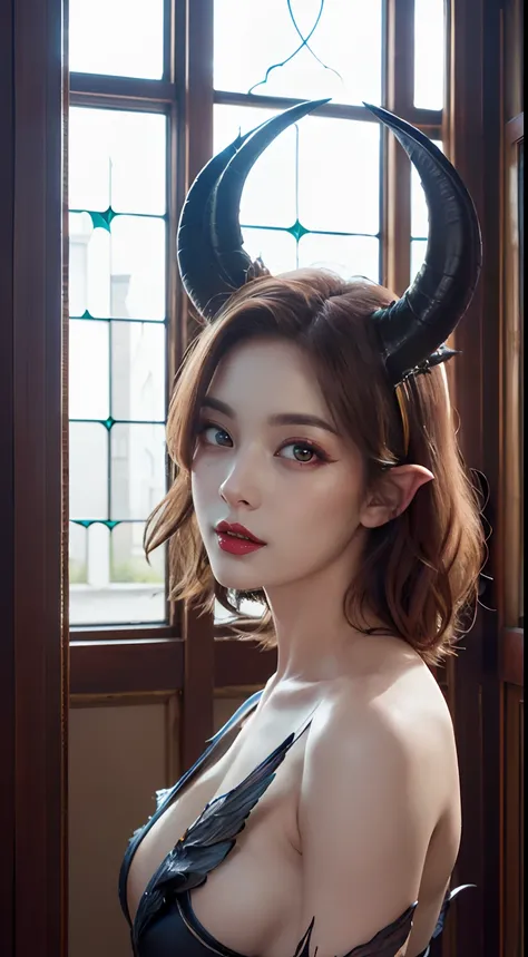 (Best Quality,Masterpiece:1.2),The ultra-detailliert,(Photo Photorealistic:1.4),Lovely_succubus, Detailed face, Fantastic face,(The two horns of a succubus:1.2), ((The two wings of a succubus:1.5)), irene, lisa, (((Background of the windows inside the Euro...