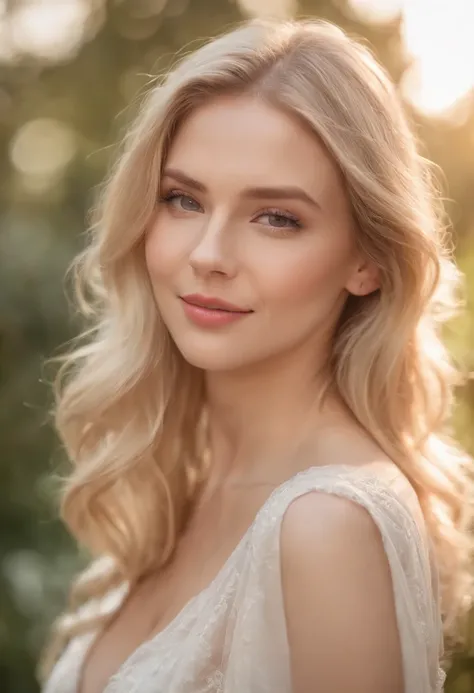 (best quality,highres),(realistic:1.37),femme,belle,blonde,detailed eyes,detailed lips,sexy,attractive,stylish,hair flowing,fit body,sensual expression,standing in a garden,enchanting smile,soft makeup,vivid colors,natural lighting,portrait painting,beauti...