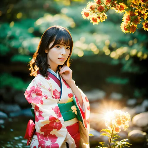 (Photorealsitic:1.1)、42-year-old woman in kimono、lensflare、natural soft light、Contre-Jour、A dark-haired、Old shrine