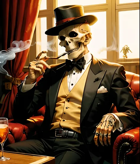 Mafia boss skeleton drinking whiskey and smoking a cigar