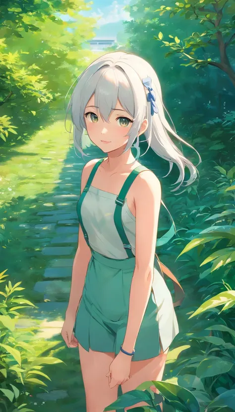 best qualtiy， tmasterpiece， 超高分辨率， realisticlying， 1 girl， long  white hair，Heterochromic pupils，Long legs，Suspenders，vivaciousness，Stick out your tongue，trpical garden，wide angles