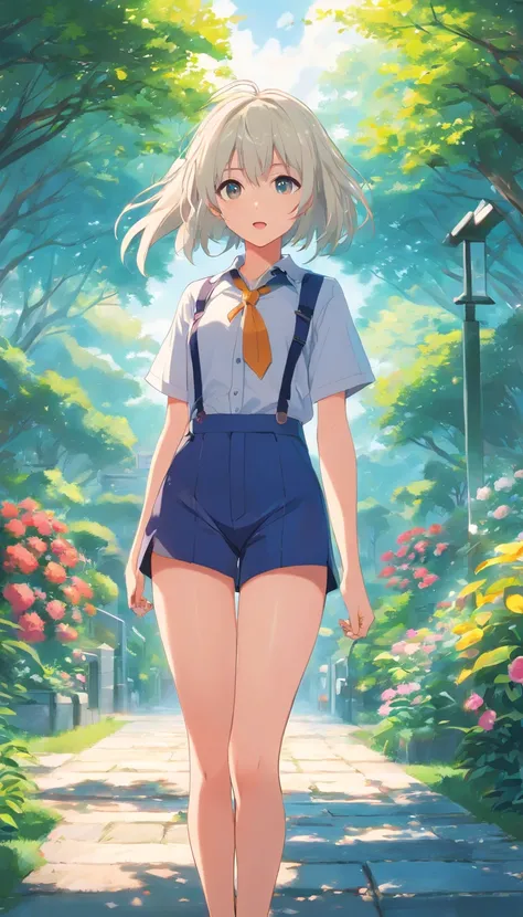 best qualtiy， tmasterpiece， 超高分辨率， realisticlying， 1 girl， long  white hair，Heterochromic pupils，Long legs，Suspenders，vivaciousness，Stick out your tongue，trpical garden，wide angles