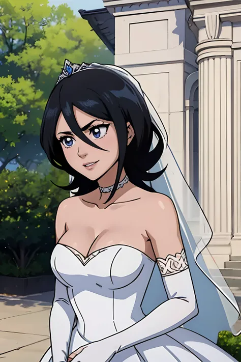 1girl hair between eyes, ahoge, blue eyes,black hair, star (symbol), hair ornament, dress, cleavage, bare shoulders, collarbone, long white elbow gloves, white gloves, white dress, white choker, strapless, tiara, veil, strapless dress, wedding dress, brida...