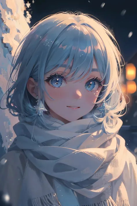 (High quality, 8K), Warm,A detailed face,A detailed eye,(Soft light),Smile, (Winters), snowing, snow, blue hair, Brown eyes, scarf, snow load, landscape, lights, back light