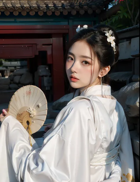 Araki woman in a white dress holds a fan and a white hat, Palace ， A girl in Hanfu, Wearing ancient Chinese clothes, White Hanfu, Hanfu, Traditional Chinese clothing, with acient chinese clothes, Chinese traditional, Chinese costume, inspired by Qian Du, P...