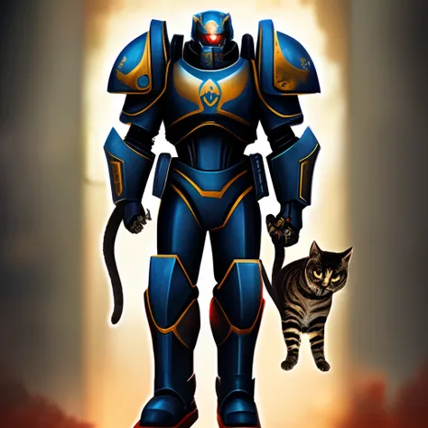 digital art of Primaris holding a cat, best quality, masterpiece, red and black armor , sc-ifi castle background