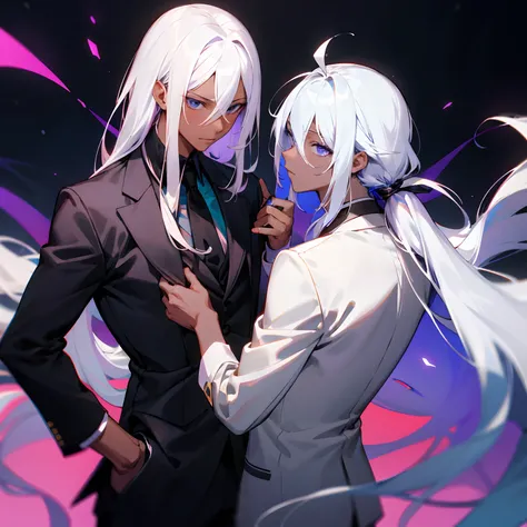 2male, black skin tone, handome,tied hair, white long hair, suit, smrik, purple eyes, teasing another white hair blue eyes male, couple.