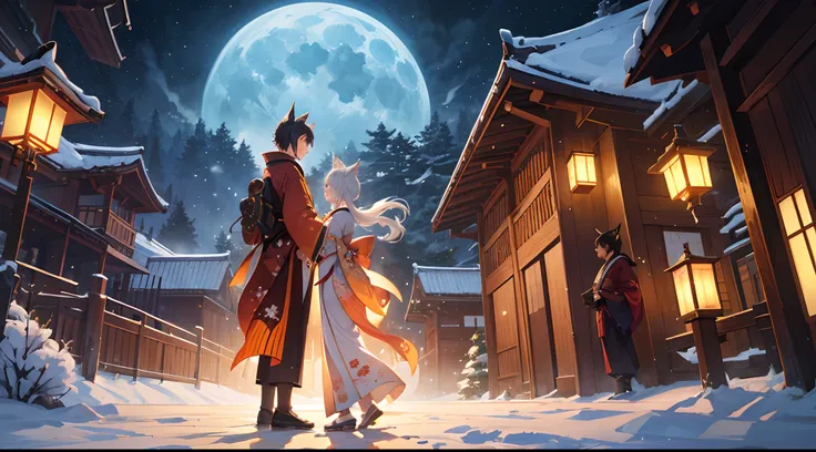 Beautiful traditional Japanese landscape painting, intricately detailed, fantastical, serene night, fantasy world, a stunning large moon, a bright moon, a beautiful starry sky, soft orange lanterns, traditional Japanese buildings, an 8-year-old boy and gir...