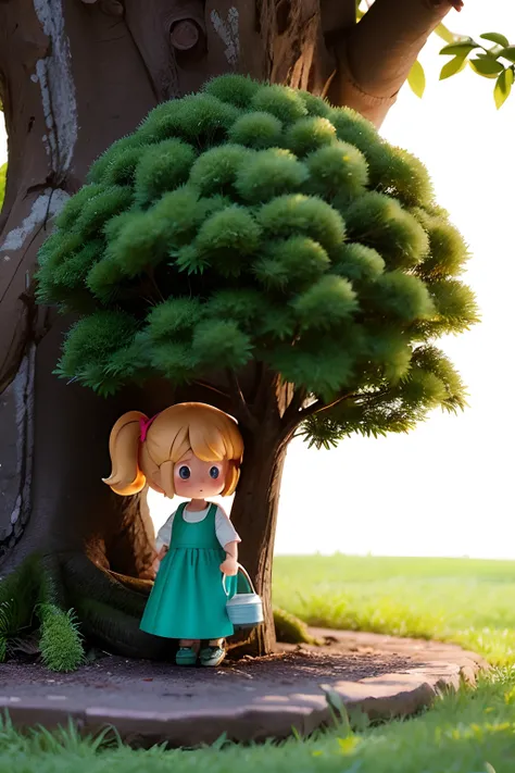 a chibi girl watering a tree