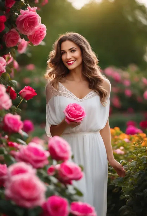 Bright and smiling lovely woman standing in rose garden