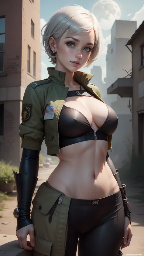 gwen tennyson,tracer,jean gunnhildr, rebecca chambers,atelier ryza,nier automata,close up,mecha pilot,city ruins,tattoos,silver and yellow plugsuit,white short sleeve lycra top,white cargo pants,uncovered belly,short hair,cute makeup,green eyes,dimensional...