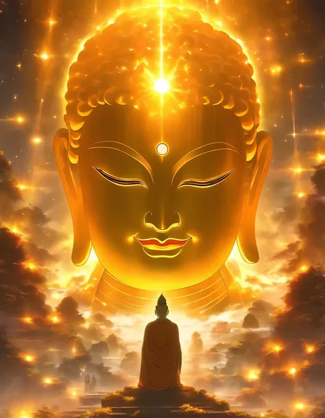 The huge transparent Buddha head looks at an earthy yellow planet in the universe，Glow effects，oc rendered