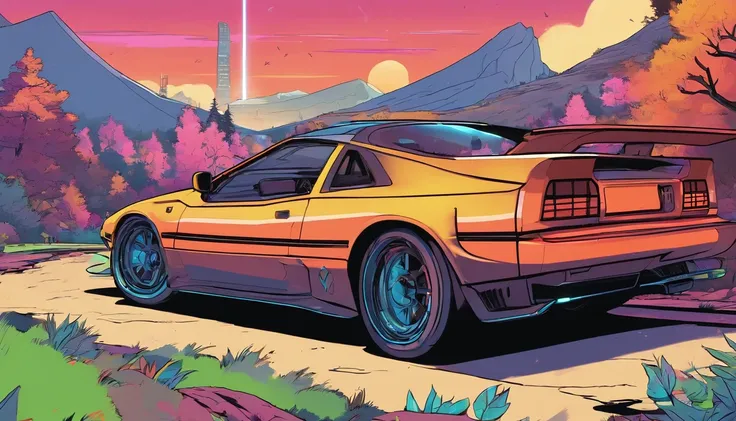 Futuristic 1990s Japan tuner car driving on tight mountain back roads at night, Drifting、Creates a lot of smoke behind it. The car is blue, Its design is reminiscent of the Nissan 300ZX, But futuristic and, Somewhat cyberpunk design elements. Neon lights i...