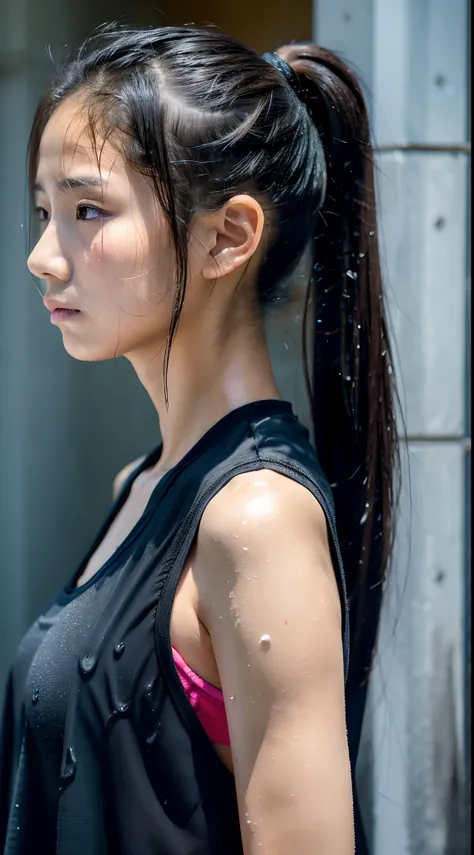 One lady,12year old,japanes,,Upper body portrait,A dark-haired,Beautiful ponytail,Wet with sweat,Serious look,Clothes are wet,