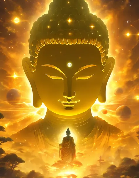 The huge transparent Buddha head looks at an earthy yellow planet in the universe，Glow effects，oc rendered