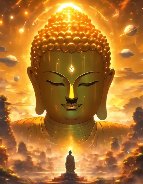 The huge transparent Buddha head looks at an earthy yellow planet in the universe，Glow effects，oc rendered