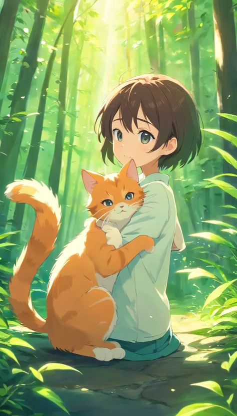 **[cutecore, Tiny cores, The heart of nature] cute little cat, ln the forest, Playing with the, Looks fun, Pixar style eyes