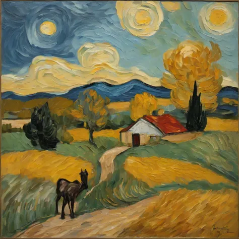 Create an art piece inspired by the style of Vincent van Gogh that conveys the theme of unrequited love. Emulate van Goghs bold brushwork and vibrant colors to capture the emotional intensity of the subjects unfulfilled love. Set the scene in a pastoral or...