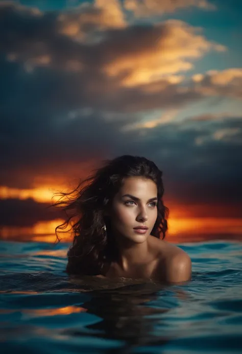 Young girl in the middle of the water, sorriso, demonic gaze, beautiful sky