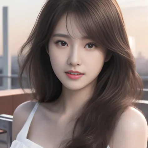 Aalfed asian woman with long brown hair and white dress, portrait of female korean idol, photorealistic anime girl rendering, Smooth anime CG art, beautiful Korean women, Beautiful young Korean woman, Gorgeous young Korean woman, photorealistic beautiful f...