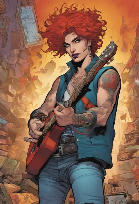 Marvel Comics Panel, a man with red hair tattoos and piercings holding a guitar, in style of heavy metal comic, androgynous vampire, attractive androgynous humanoid, androgynous person, androgynous, androgynous face, carmilla vampire, androgyny, with long ...