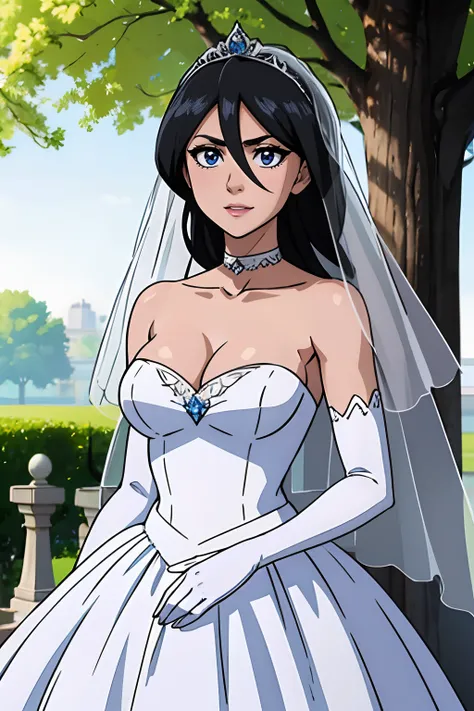 1girl hair between eyes, ahoge, blue eyes,black hair, star (symbol), hair ornament, dress, cleavage, bare shoulders, collarbone, long white elbow gloves, white gloves, white dress, white choker, strapless, tiara, veil, strapless dress, wedding dress, brida...