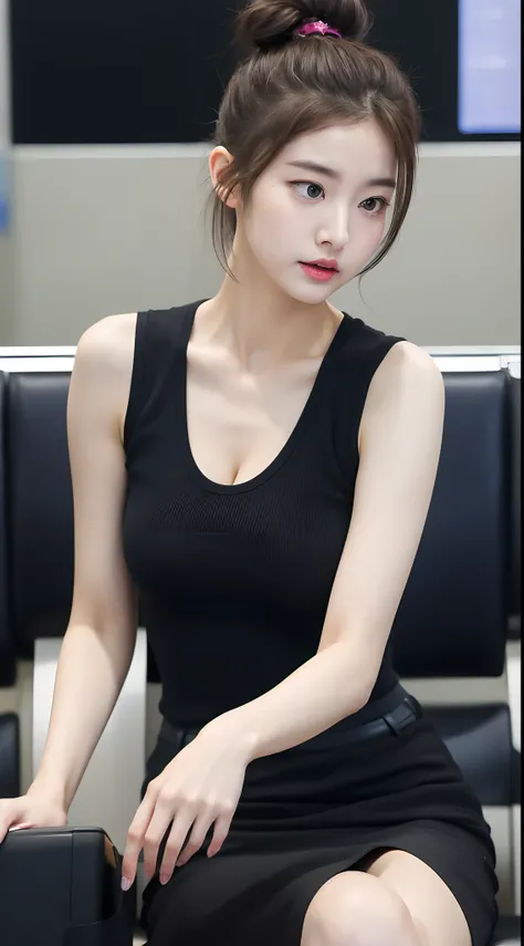 Realistic photos of (1 cute Korean star) cone hair bun, thin makeup, 32 inch breasts size, wearing sleeveless shirt, black skirt, sitting in the airport close-up, UHD