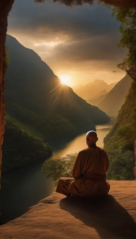 Mature monk sitting in meditation position, contemplando um horizonte lindo com o sol se pondo, Man is in deep connection with the divine, The landscape is ultra detailed, homem ultra realista, tudo bem detalhado e lindo, ultra qualidade. Realismo 8K