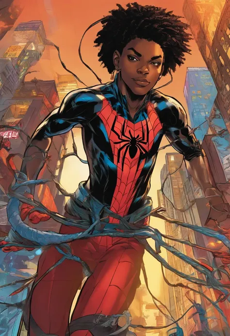 a close up of a person with dreadlocks and a cyberpunk costume, Miles Morales, ( ( Spider-Man ) ), Miles Morales!!!, Spider Man, dark-skinned, Nerdy Black Boy Super Hero, spiky black hair and dark skin, Chris Bachalo, Profile photo, Director: Ryan Stegman,...