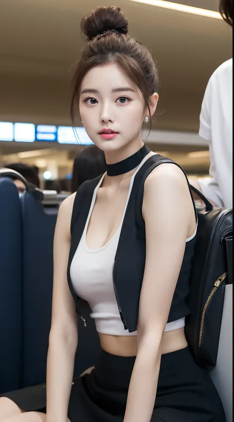 Realistic photos of (1 cute Korean star) cone hair bun, thin makeup, 32 inch breasts size, wearing sleeveless shirt, black skirt, sitting in the airport close-up, UHD