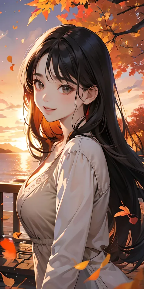 realisticlying、10 years old female child、Outdoor Fashion、Long Wave Hair、Gingko tree、Beautiful autumn leaves、Slightly larger breasts with an emphasis on cleavage、Versatile sexy poses、The sky turns red at sunset、Face smile