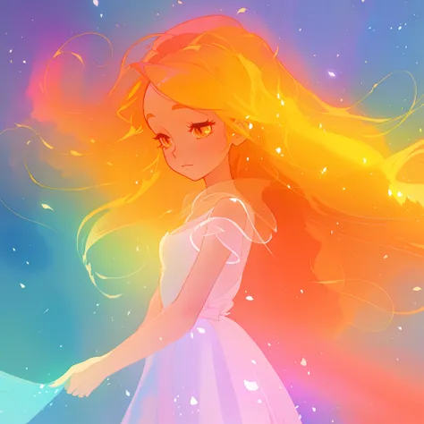 beautiful girl in white dress, fairy dress, long golden colorful hair, watercolor illustration, inspired by Glen Keane, inspired by Lois van Baarle, disney art style, by Lois van Baarle, glowing aura around her, by Glen Keane, jen bartel, glowing lights! d...