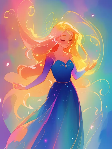 beautiful girl in flowing colorful ballgown, fairy dress, long golden hair, colorful watercolor background, inspired by Glen Keane, inspired by Lois van Baarle, disney art style, by Lois van Baarle, glowing aura around her, by Glen Keane, jen bartel, glowi...