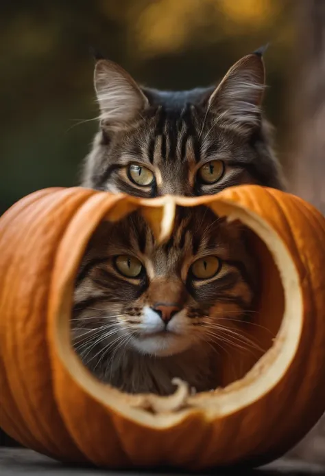 Photo of a realistic cat curiously peeking out from inside a carved pumpkin with its whiskers twitching.