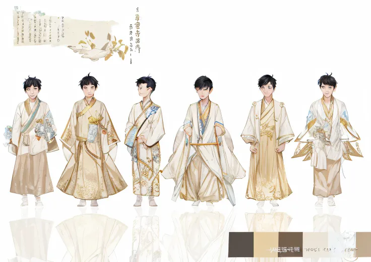 Close-up of a group of people dressed in traditional clothing, Traditional Chinese clothing, clothing design, Wearing ancient Chinese clothes, Robe with blue characters, Inspired by Zhang Han, Blue Hanfu, concept art of single boy, inspired by Huang Gongwa...