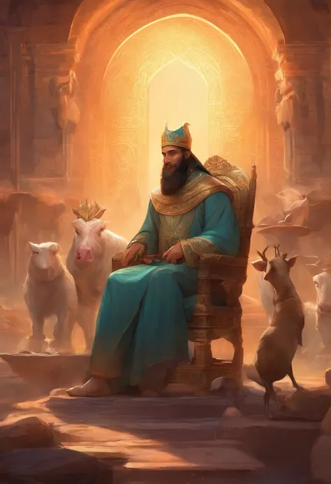 Al-Khwarizmi sitting in a chair on the edge of a table full of grilled pig and cow