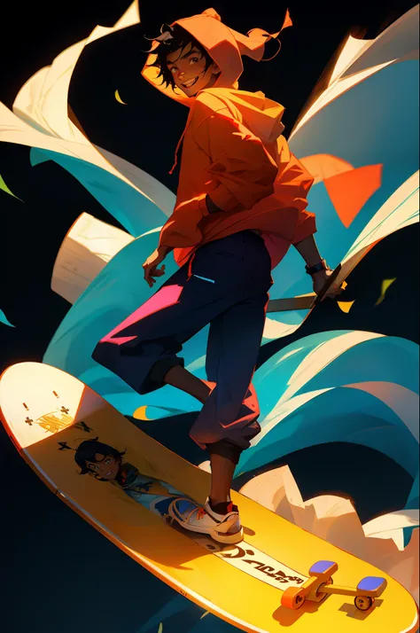 A student, a cute Moroccan anime boy, is smiling against a black background while wearing an orange hoodie and holding a skateboard. He is facing to the right and showing his face